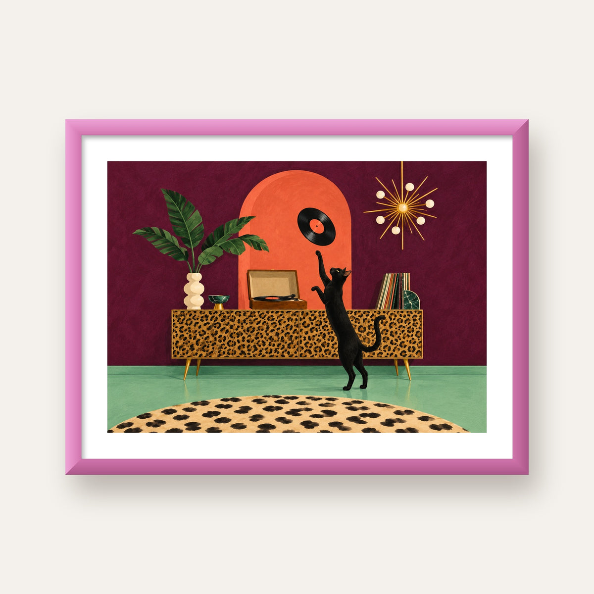 Retro Salonda Siyah Kedi – Dijital Poster, Modern Dekor — pembe çerçeveli paspartulu