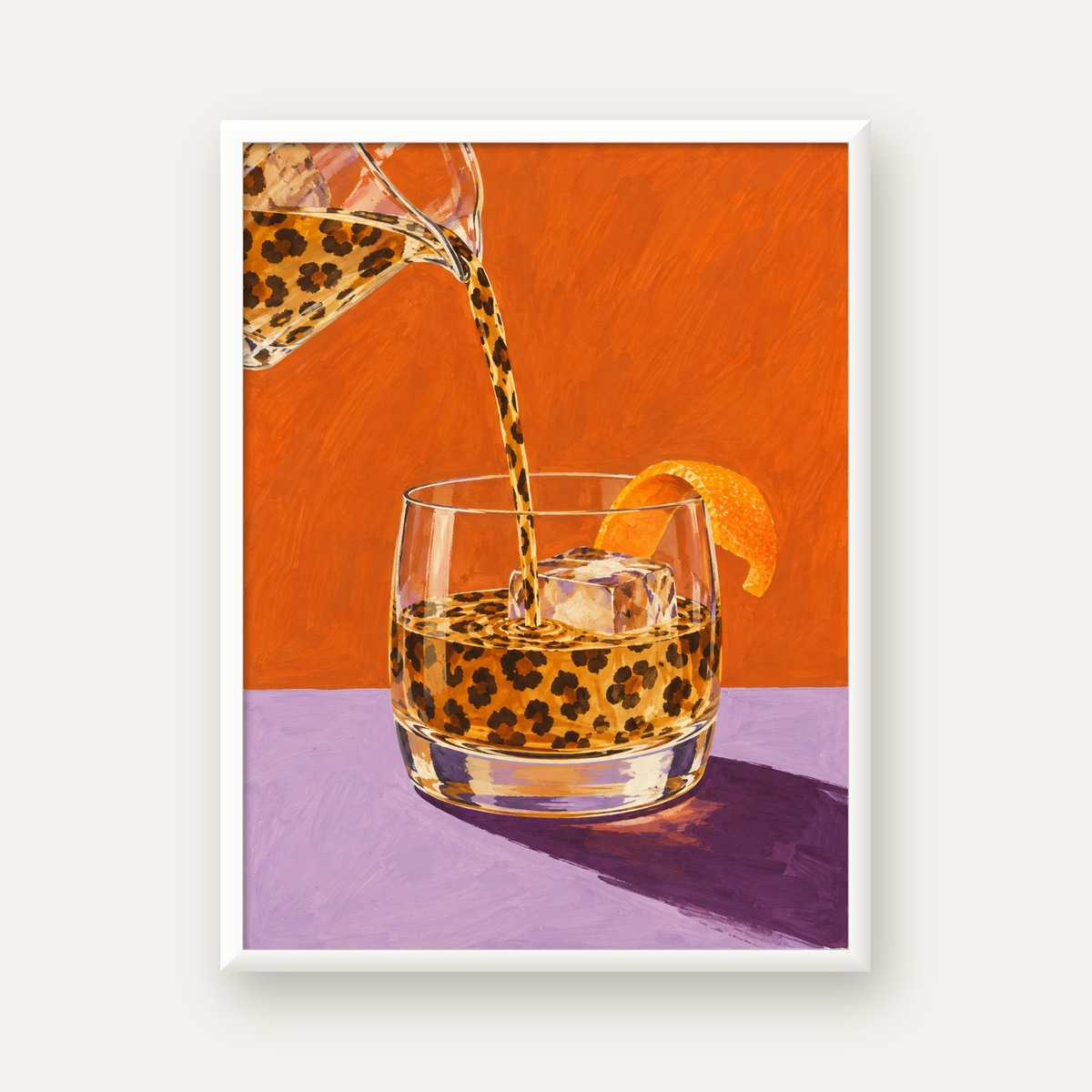 Leopar Desenli Kokteyl Bardaklı Canlı Poster – Turuncu Arka Plan — beyaz çerçeveli dikey poster