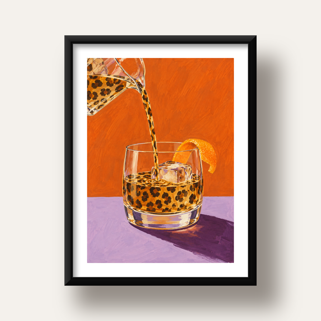 Leopar Desenli Kokteyl Bardaklı Canlı Poster – Turuncu Arka Plan — siyah derin çerçeveli paspartulu