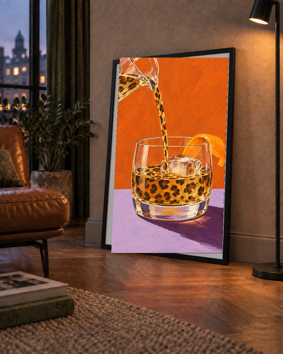 Leopar Desenli Kokteyl Bardaklı Canlı Poster – Turuncu Arka Plan