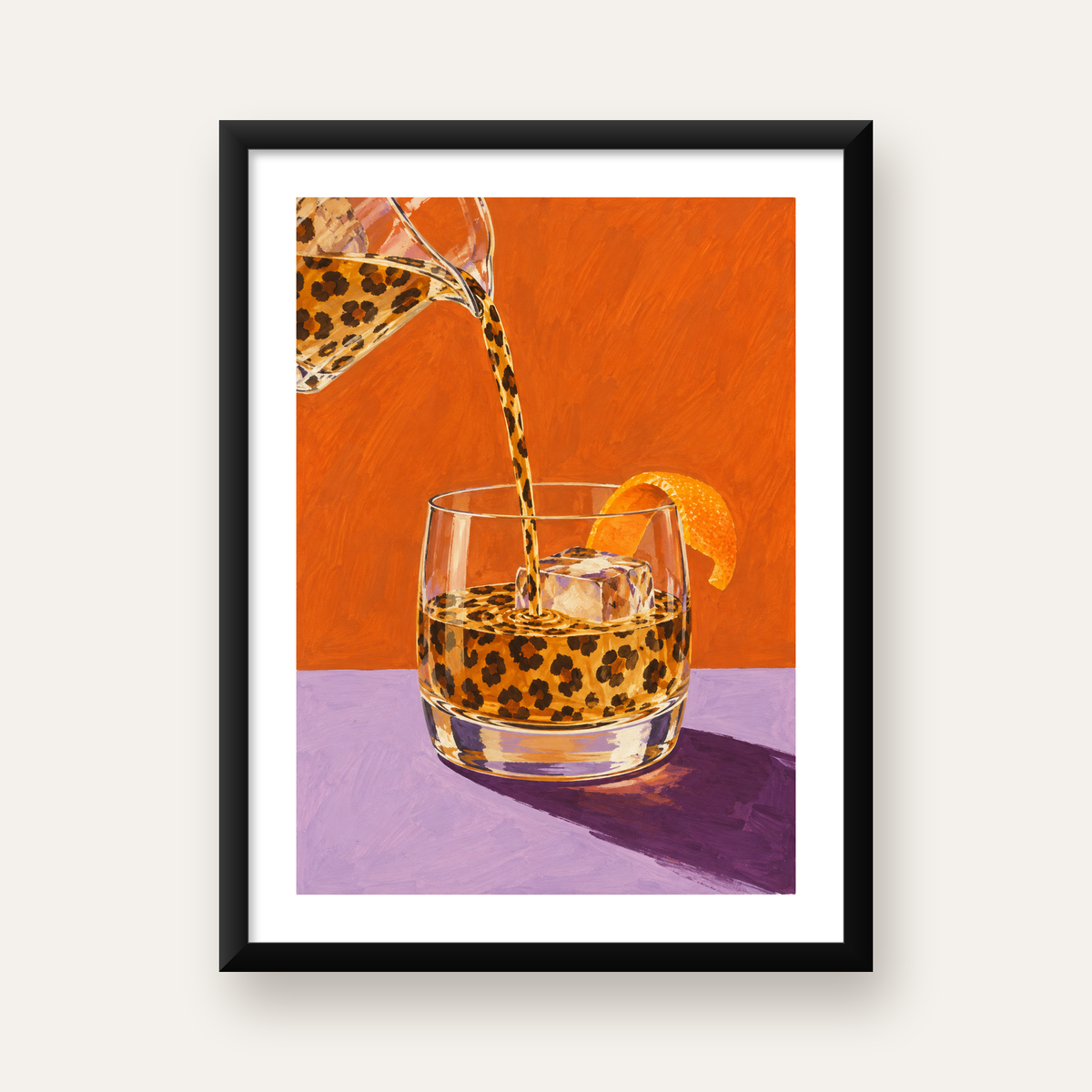 Leopar Desenli Kokteyl Bardaklı Canlı Poster – Turuncu Arka Plan — Dikey baskı, beyaz paspartulu