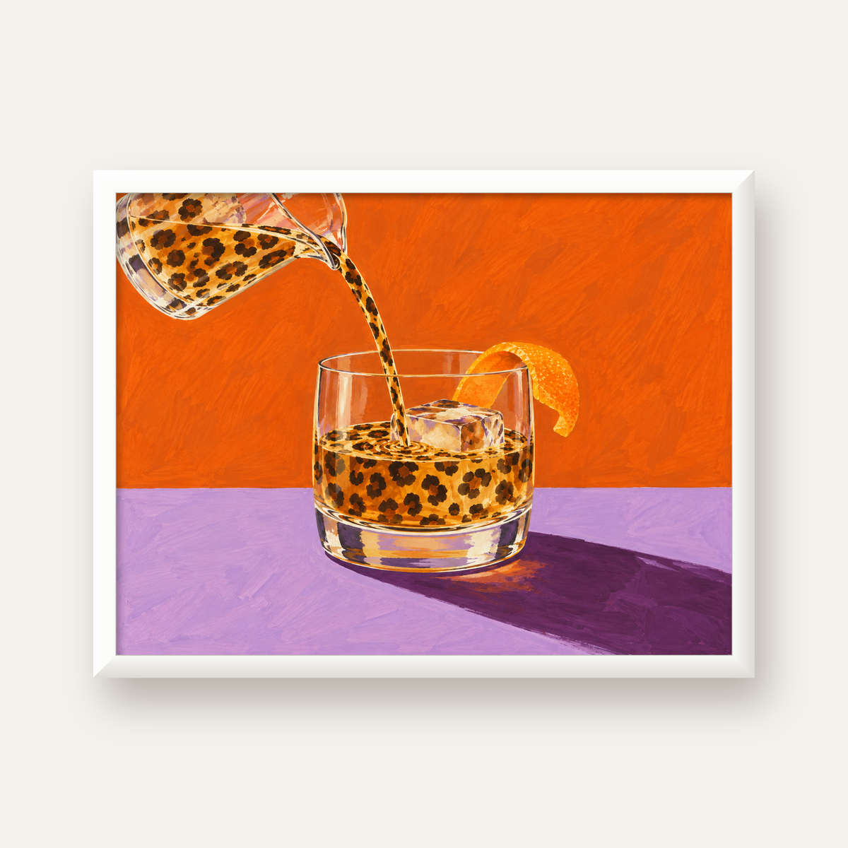 Leopar Desenli Kokteyl Bardaklı Canlı Poster – Turuncu Arka Plan — beyaz çerçeveli yatay poster