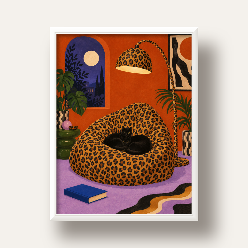 Leopar Desenli Koltukta Siyah Kediler Poster Modern Retro — beyaz derin çerçeveli