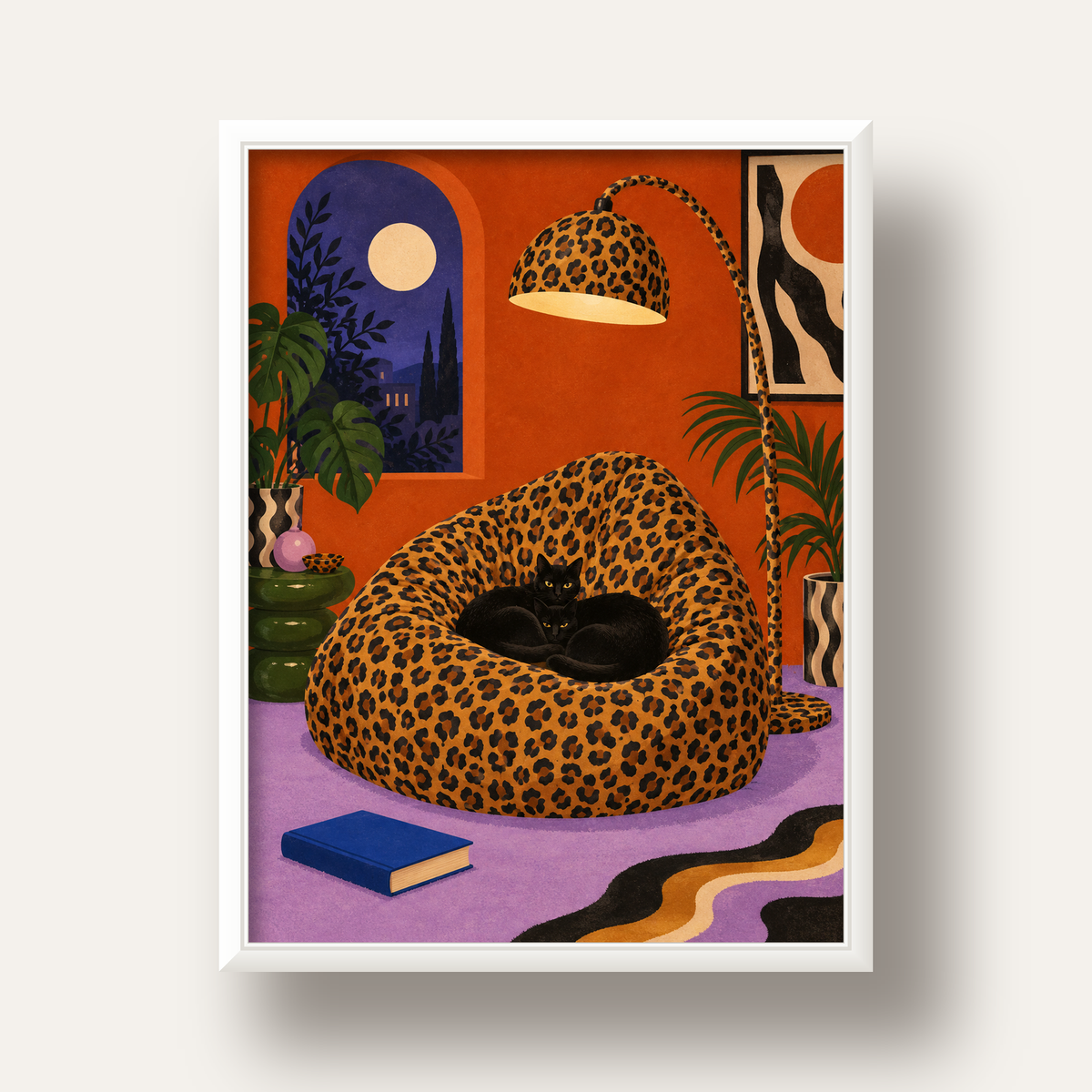 Leopar Desenli Koltukta Siyah Kediler Poster Modern Retro — beyaz derin çerçeveli