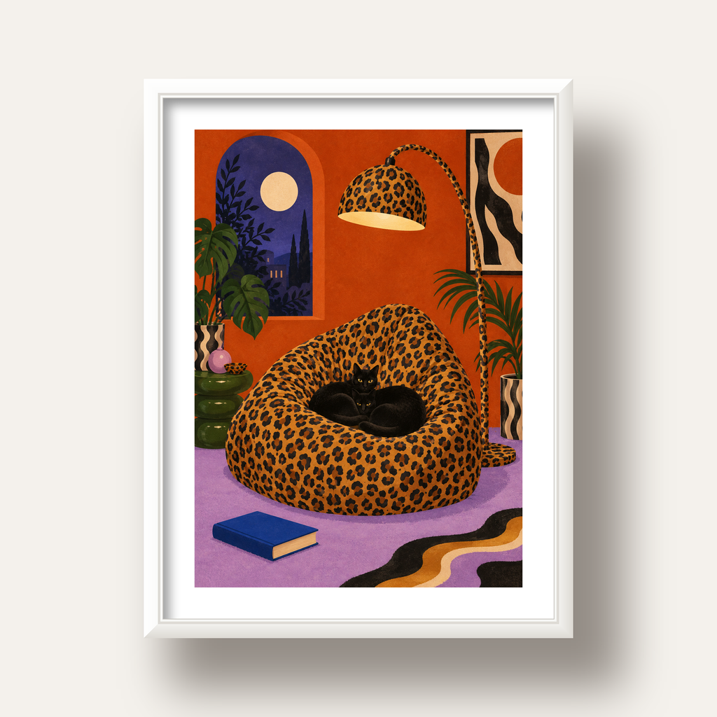 Leopar Desenli Koltukta Siyah Kediler Poster Modern Retro — beyaz derin çerçeveli paspartulu