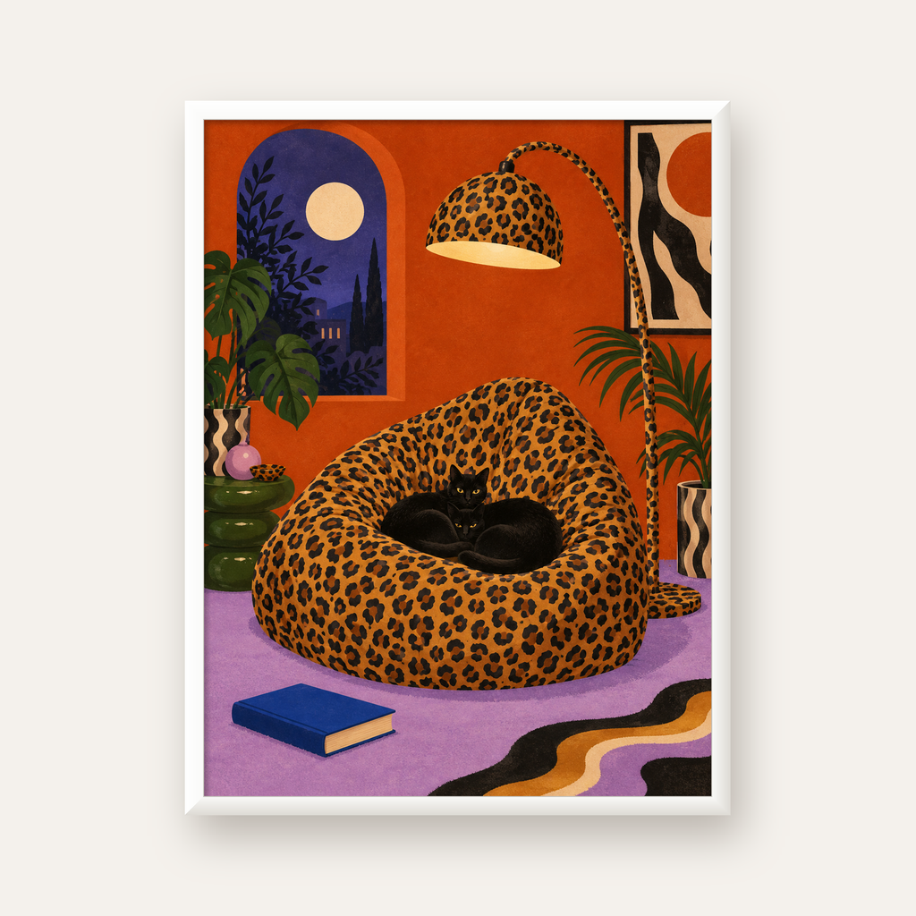 Leopar Desenli Koltukta Siyah Kediler Poster Modern Retro — beyaz çerçeveli dikey poster