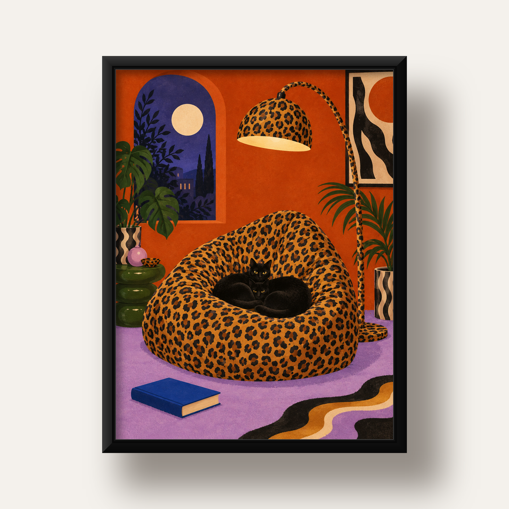 Leopar Desenli Koltukta Siyah Kediler Poster Modern Retro — siyah derin çerçeveli