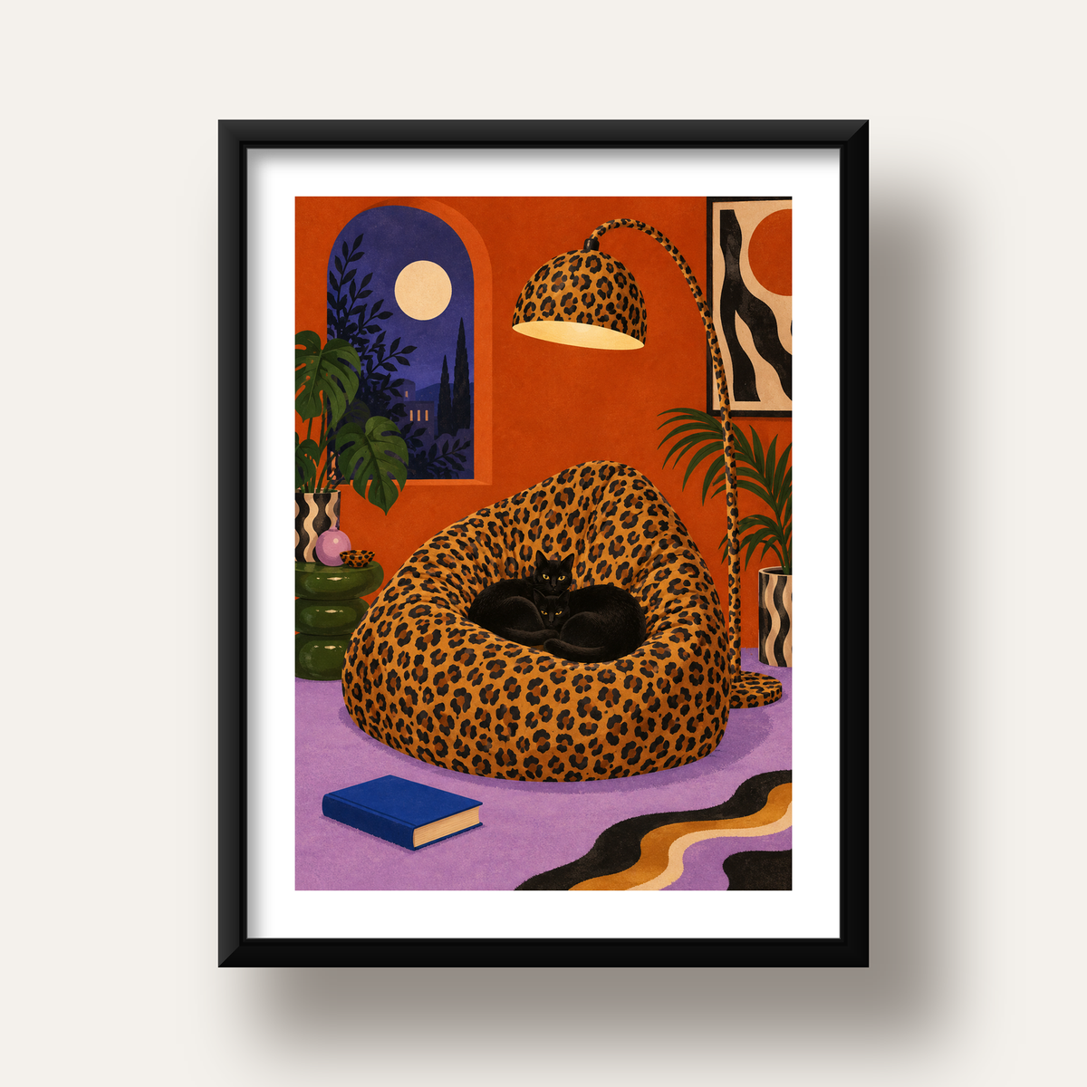 Leopar Desenli Koltukta Siyah Kediler Poster Modern Retro — siyah derin çerçeveli paspartulu