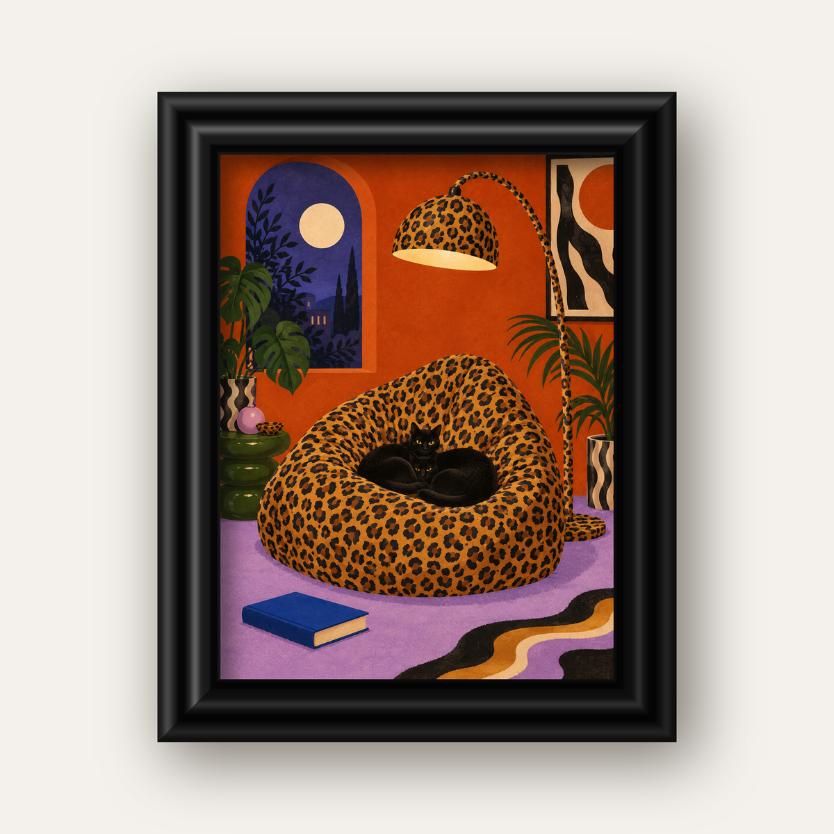Leopar Desenli Koltukta Siyah Kediler Poster Modern Retro — siyah galeri çerçeveli