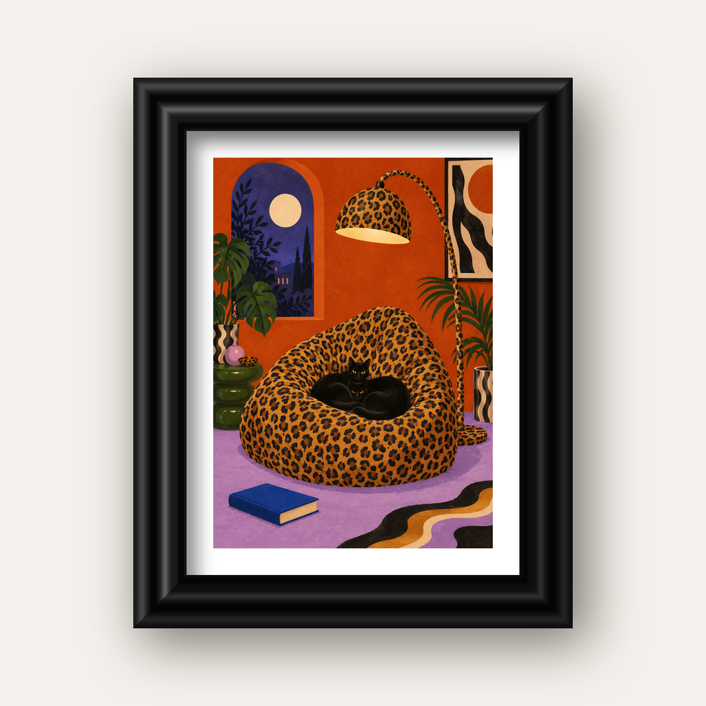 Leopar Desenli Koltukta Siyah Kediler Poster Modern Retro — siyah galeri çerçeveli paspartulu