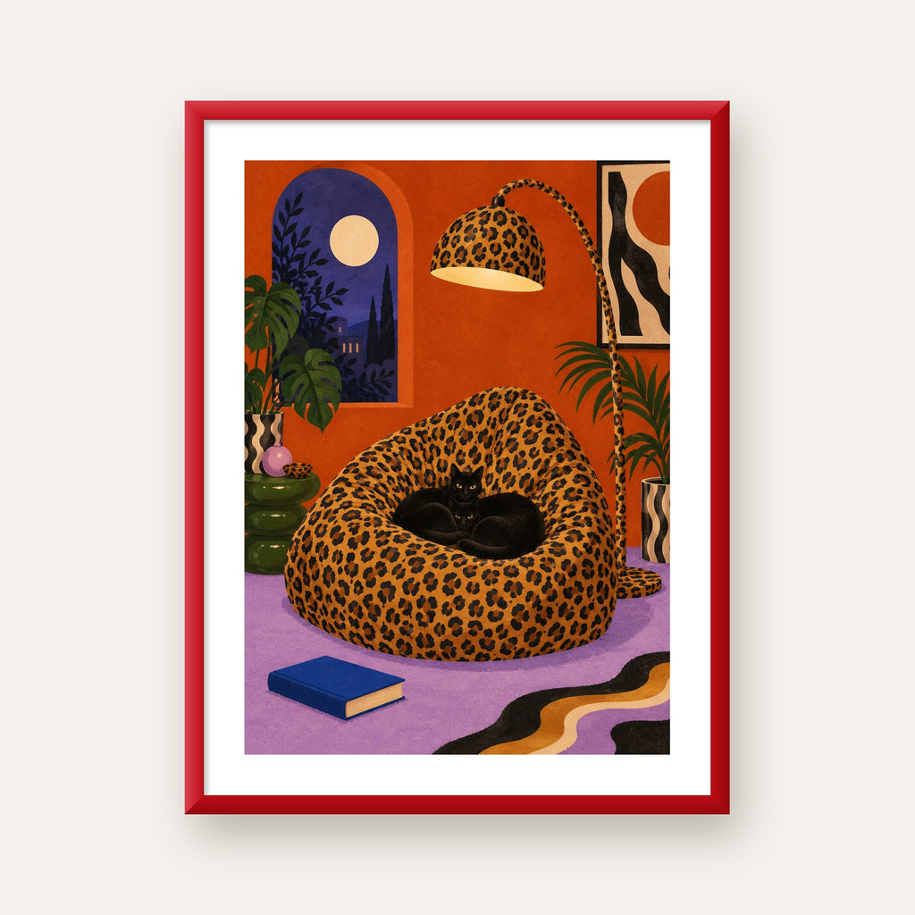 Leopar Desenli Koltukta Siyah Kediler Poster Modern Retro — kırmızı çerçeveli paspartulu