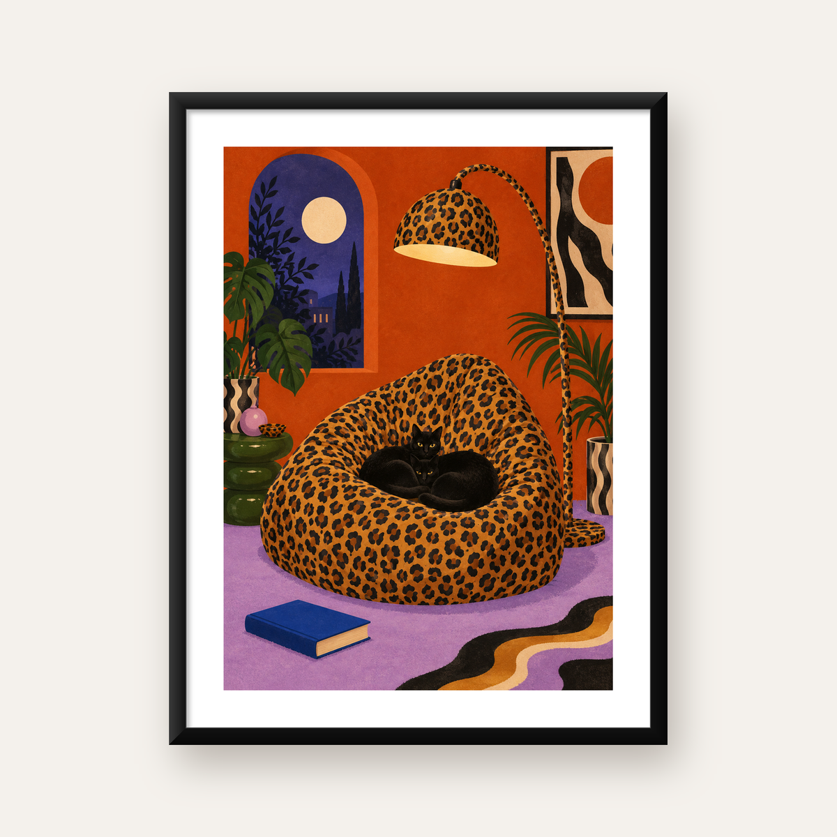 Leopar Desenli Koltukta Siyah Kediler Poster Modern Retro — Dikey baskı, beyaz paspartulu