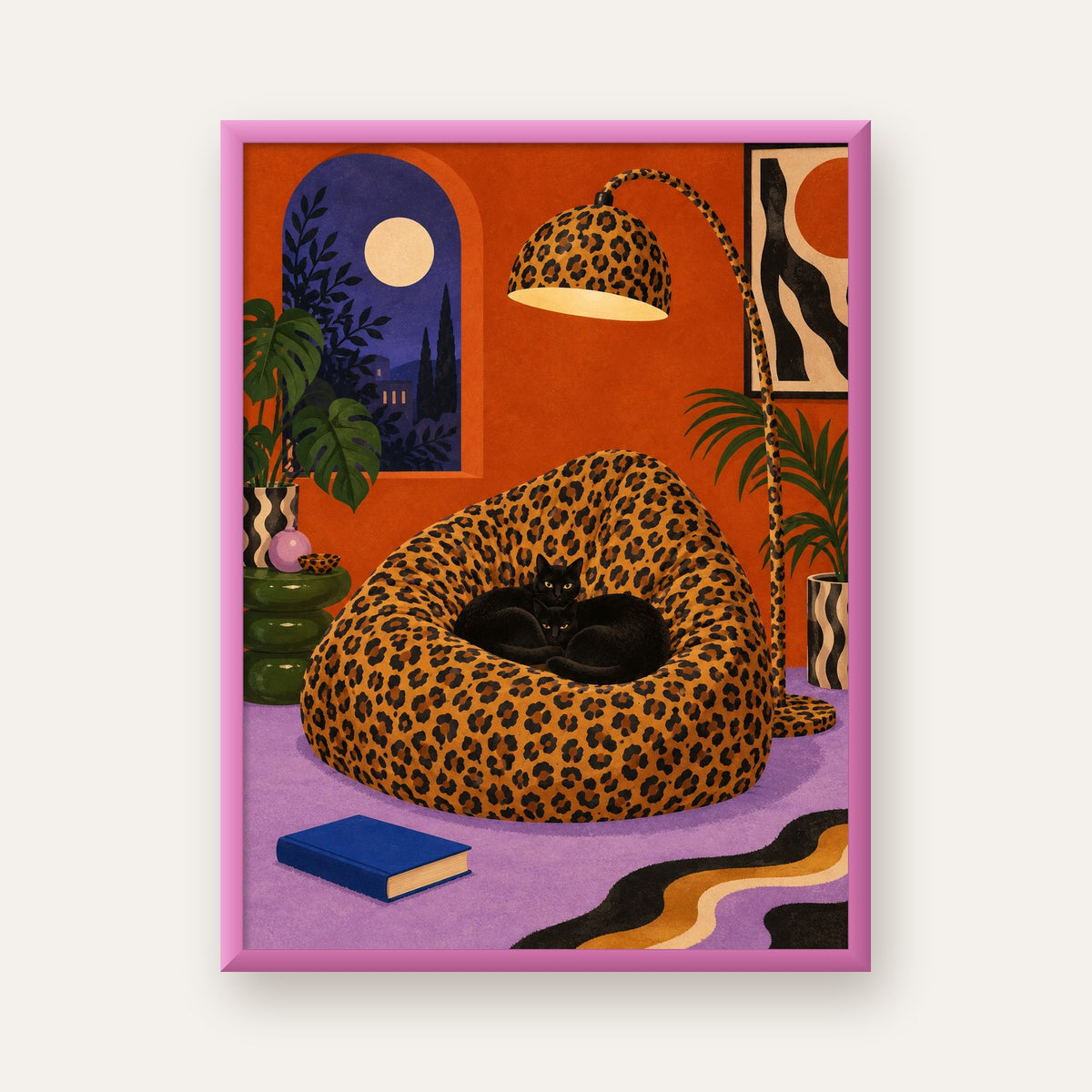 Leopar Desenli Koltukta Siyah Kediler Poster Modern Retro — pembe çerçeveli
