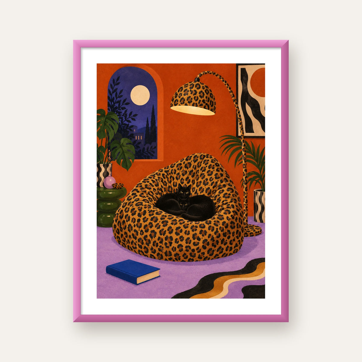 Leopar Desenli Koltukta Siyah Kediler Poster Modern Retro — pembe çerçeveli paspartulu