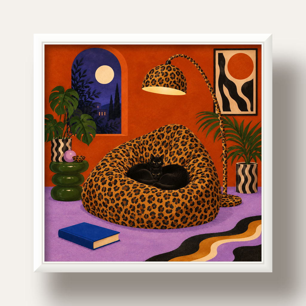 Leopar Desenli Koltukta Siyah Kediler Poster Modern Retro — beyaz derin çerçeveli