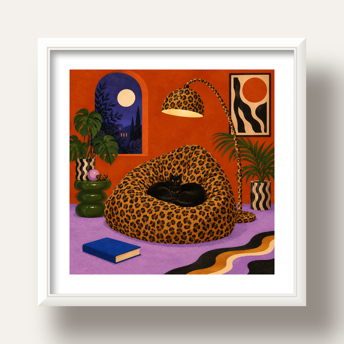 Leopar Desenli Koltukta Siyah Kediler Poster Modern Retro — beyaz derin çerçeveli paspartulu