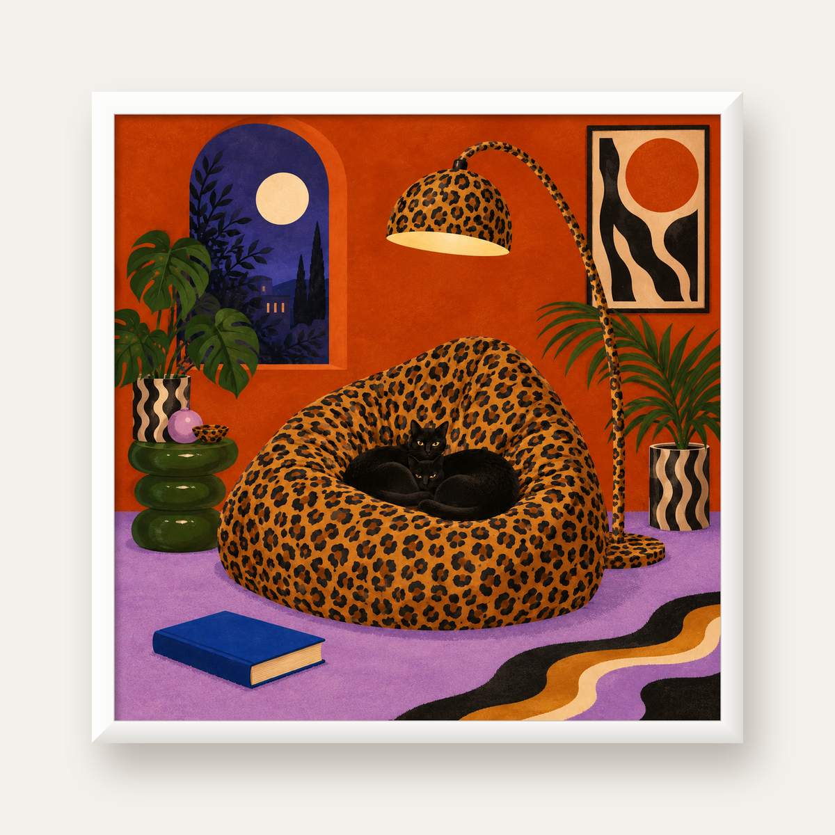 Leopar Desenli Koltukta Siyah Kediler Poster Modern Retro — beyaz çerçeveli kare poster