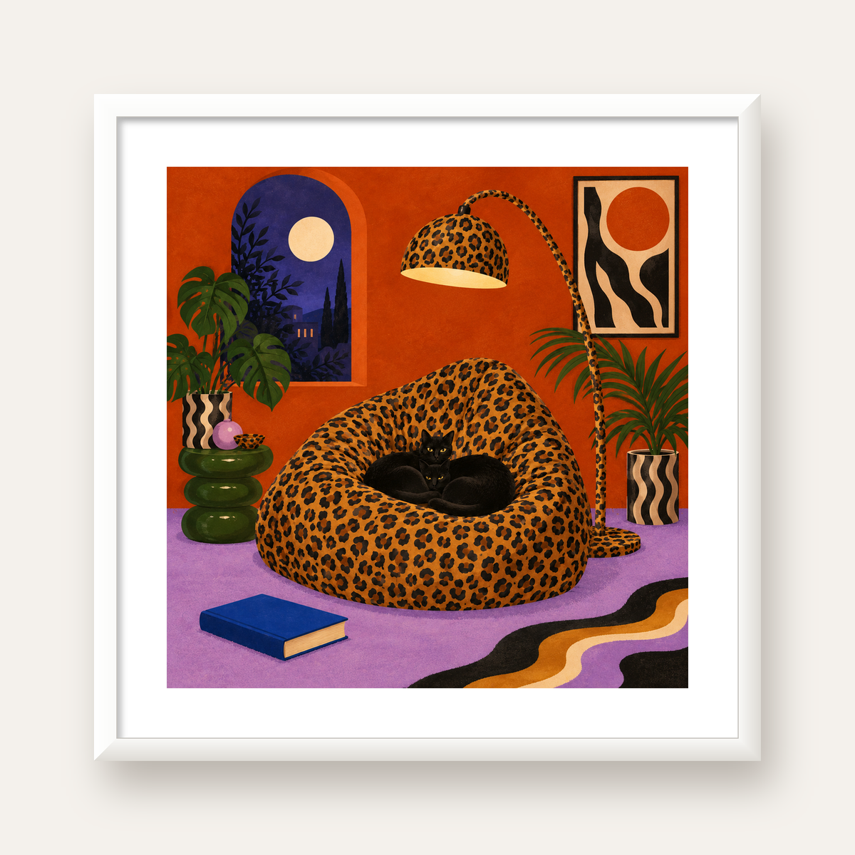 Leopar Desenli Koltukta Siyah Kediler Poster Modern Retro — beyaz çerçeveli kare poster