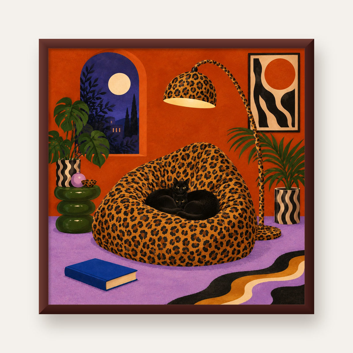 Leopar Desenli Koltukta Siyah Kediler Poster Modern Retro — ceviz çerçeveli