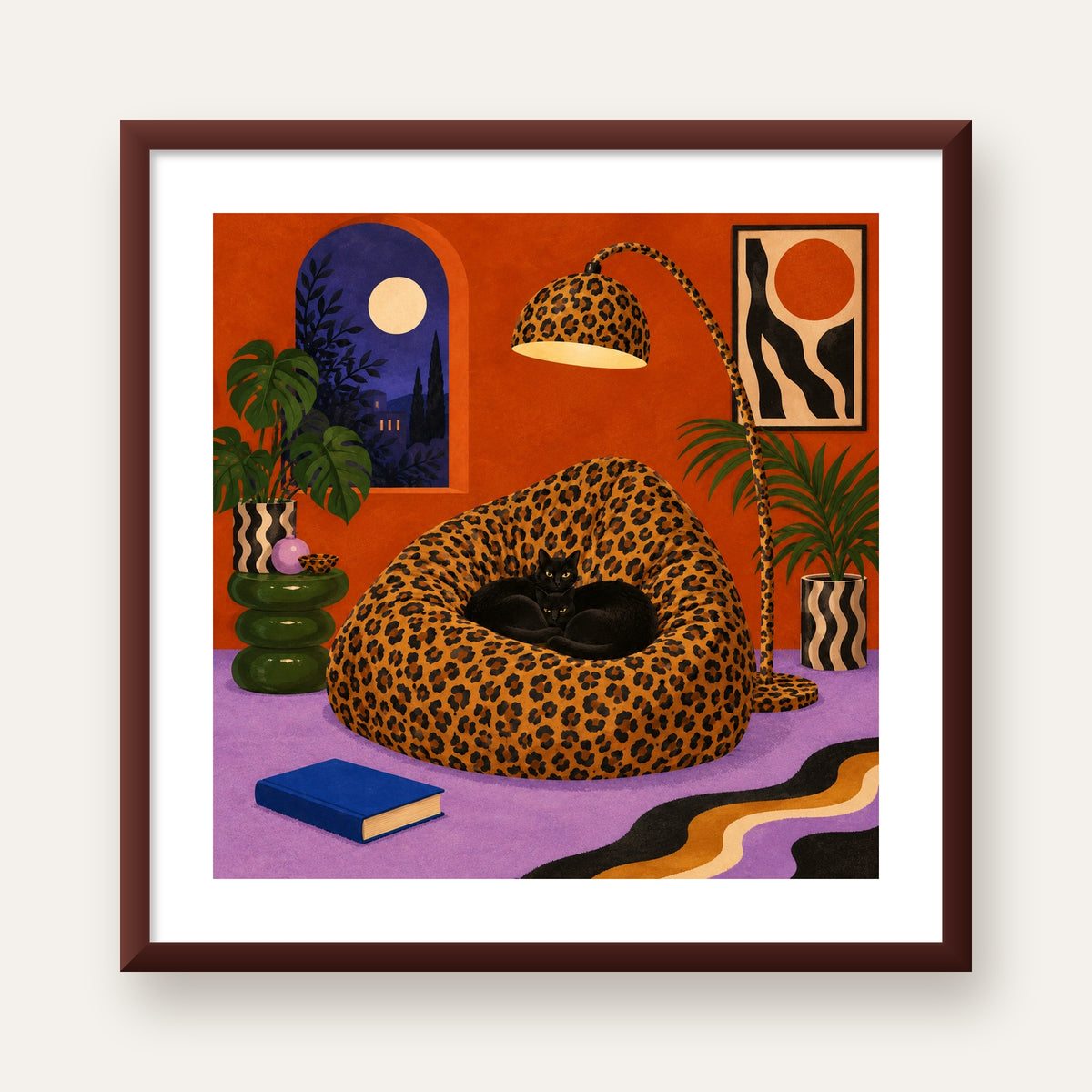 Leopar Desenli Koltukta Siyah Kediler Poster Modern Retro — ceviz çerçeveli paspartulu