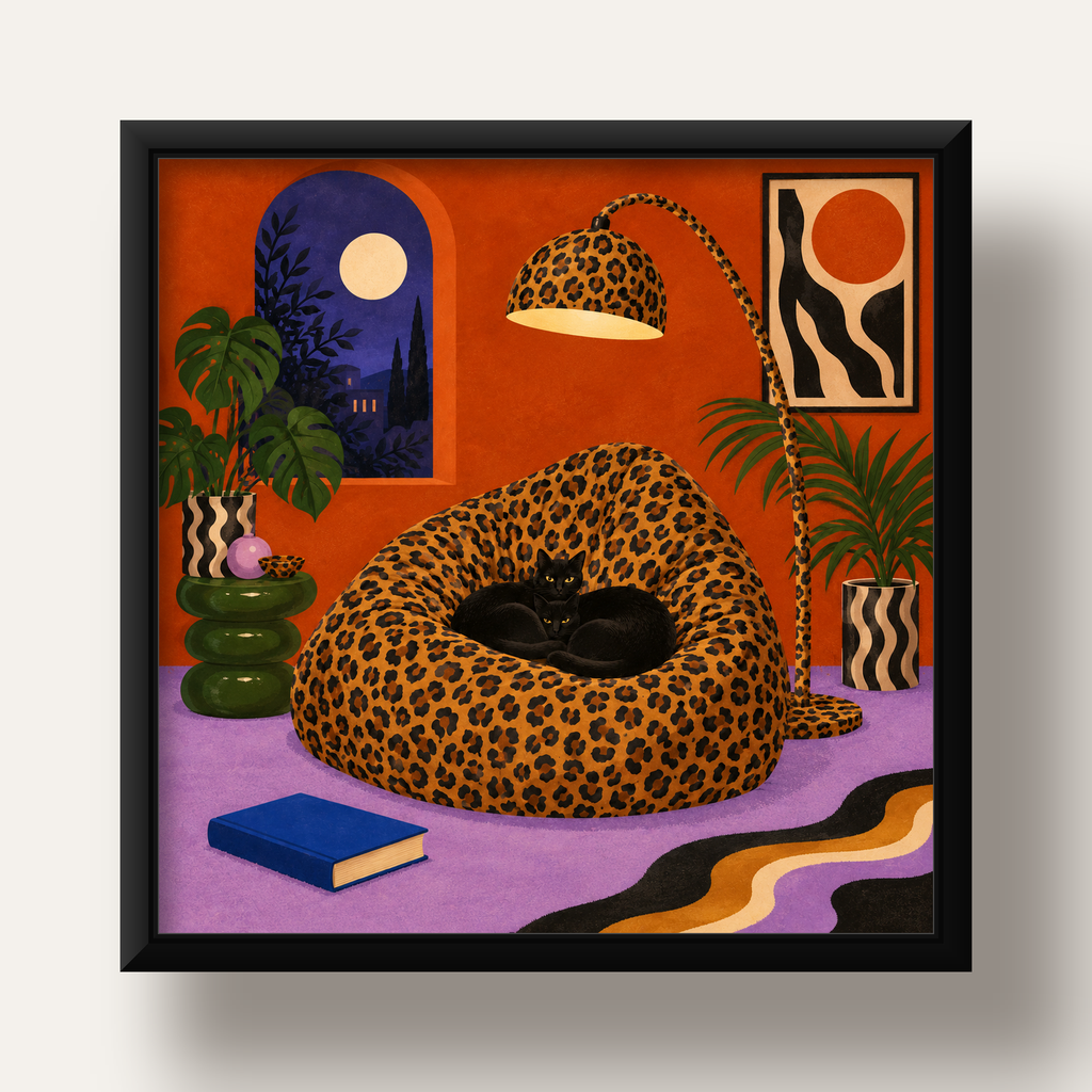 Leopar Desenli Koltukta Siyah Kediler Poster Modern Retro — siyah derin çerçeveli