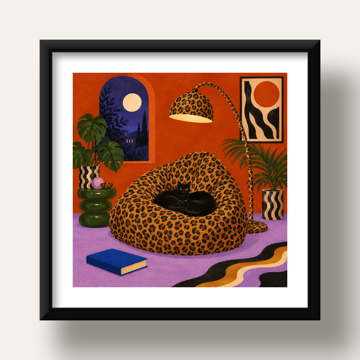 Leopar Desenli Koltukta Siyah Kediler Poster Modern Retro — siyah derin çerçeveli paspartulu