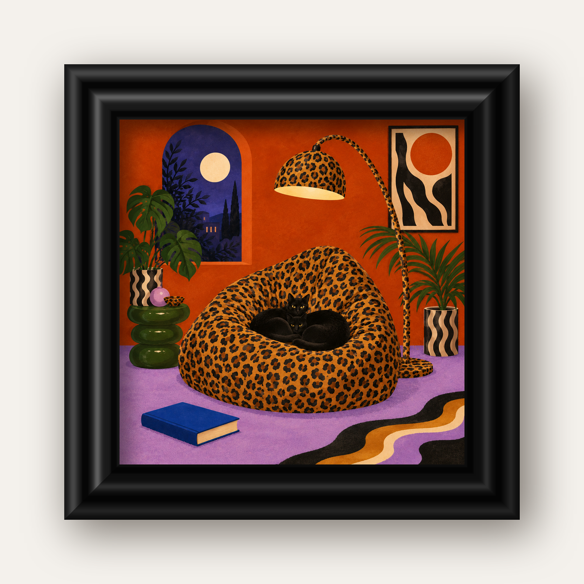 Leopar Desenli Koltukta Siyah Kediler Poster Modern Retro — siyah galeri çerçeveli