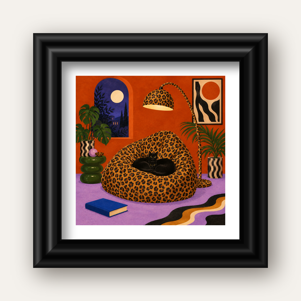 Leopar Desenli Koltukta Siyah Kediler Poster Modern Retro — siyah galeri çerçeveli paspartulu