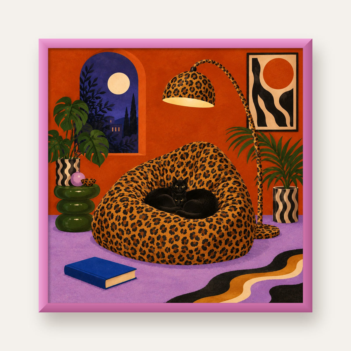 Leopar Desenli Koltukta Siyah Kediler Poster Modern Retro — pembe çerçeveli
