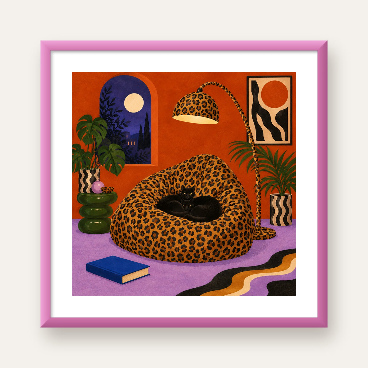 Leopar Desenli Koltukta Siyah Kediler Poster Modern Retro — pembe çerçeveli paspartulu