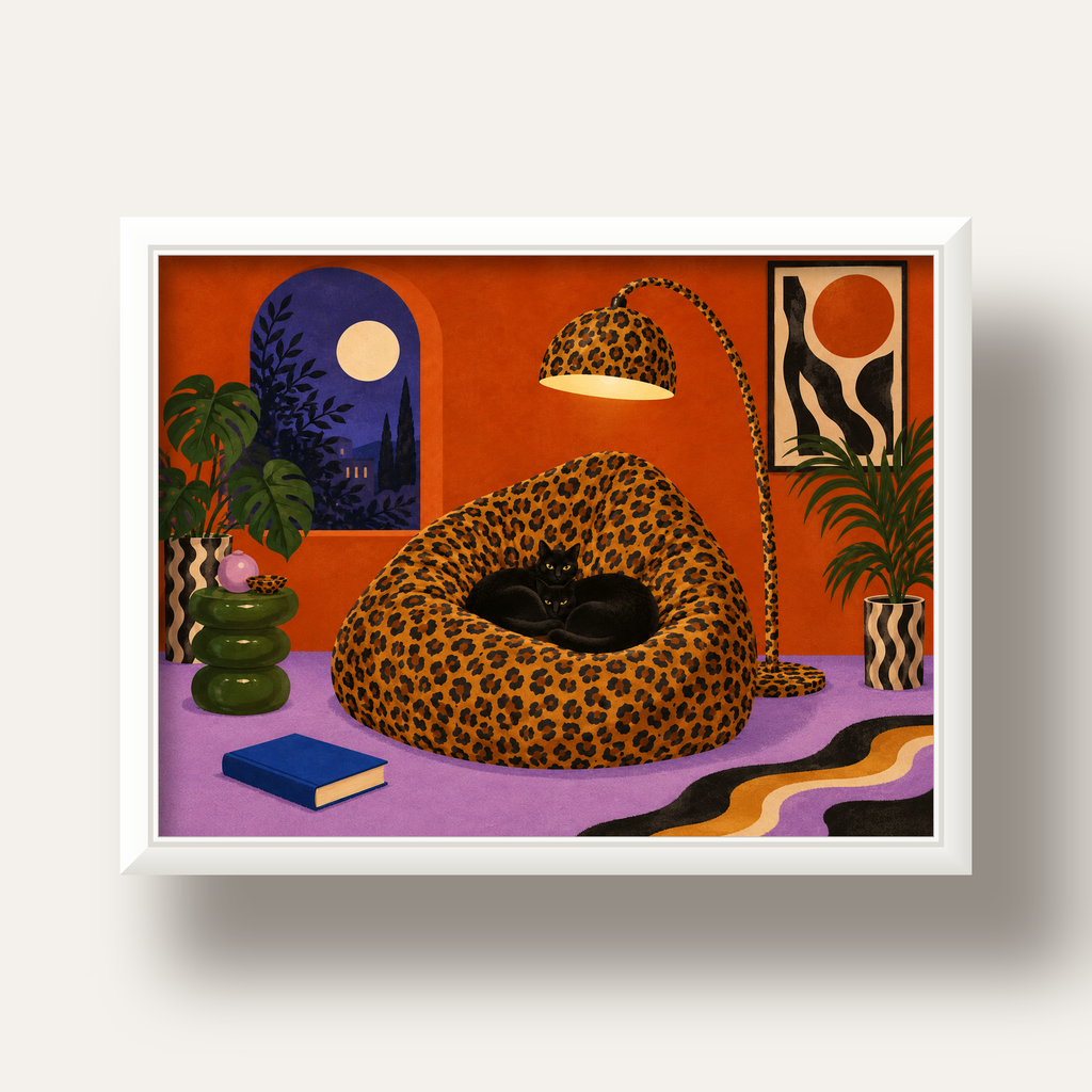 Leopar Desenli Koltukta Siyah Kediler Poster Modern Retro — beyaz derin çerçeveli