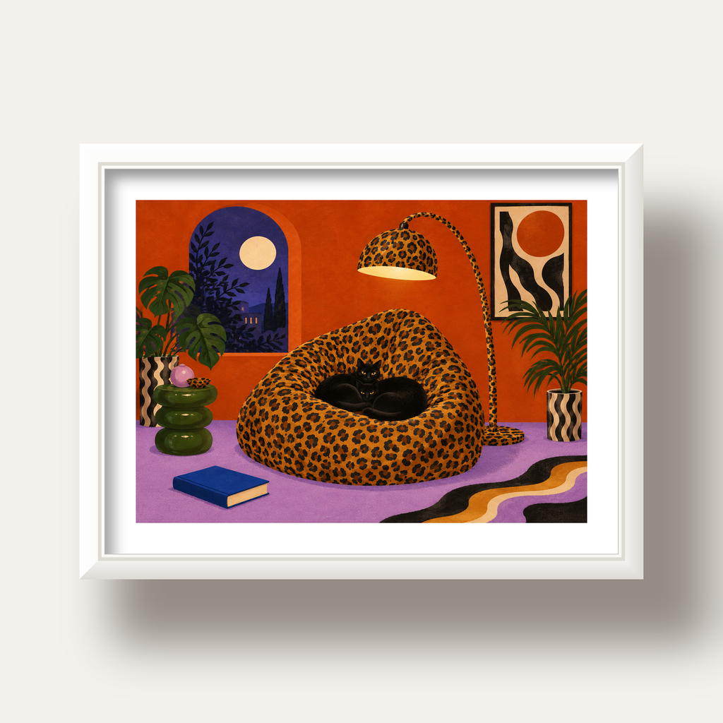 Leopar Desenli Koltukta Siyah Kediler Poster Modern Retro — beyaz derin çerçeveli paspartulu