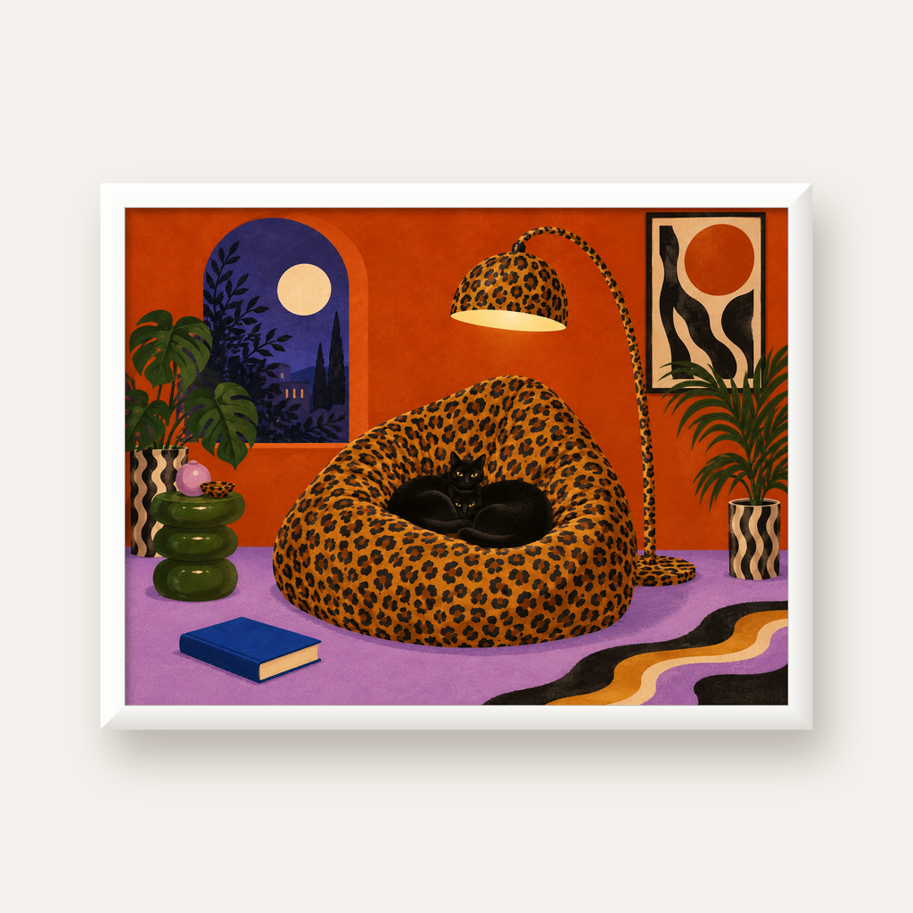 Leopar Desenli Koltukta Siyah Kediler Poster Modern Retro — beyaz çerçeveli yatay poster