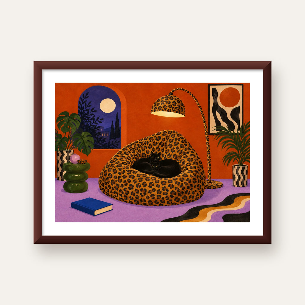 Leopar Desenli Koltukta Siyah Kediler Poster Modern Retro — ceviz çerçeveli paspartulu