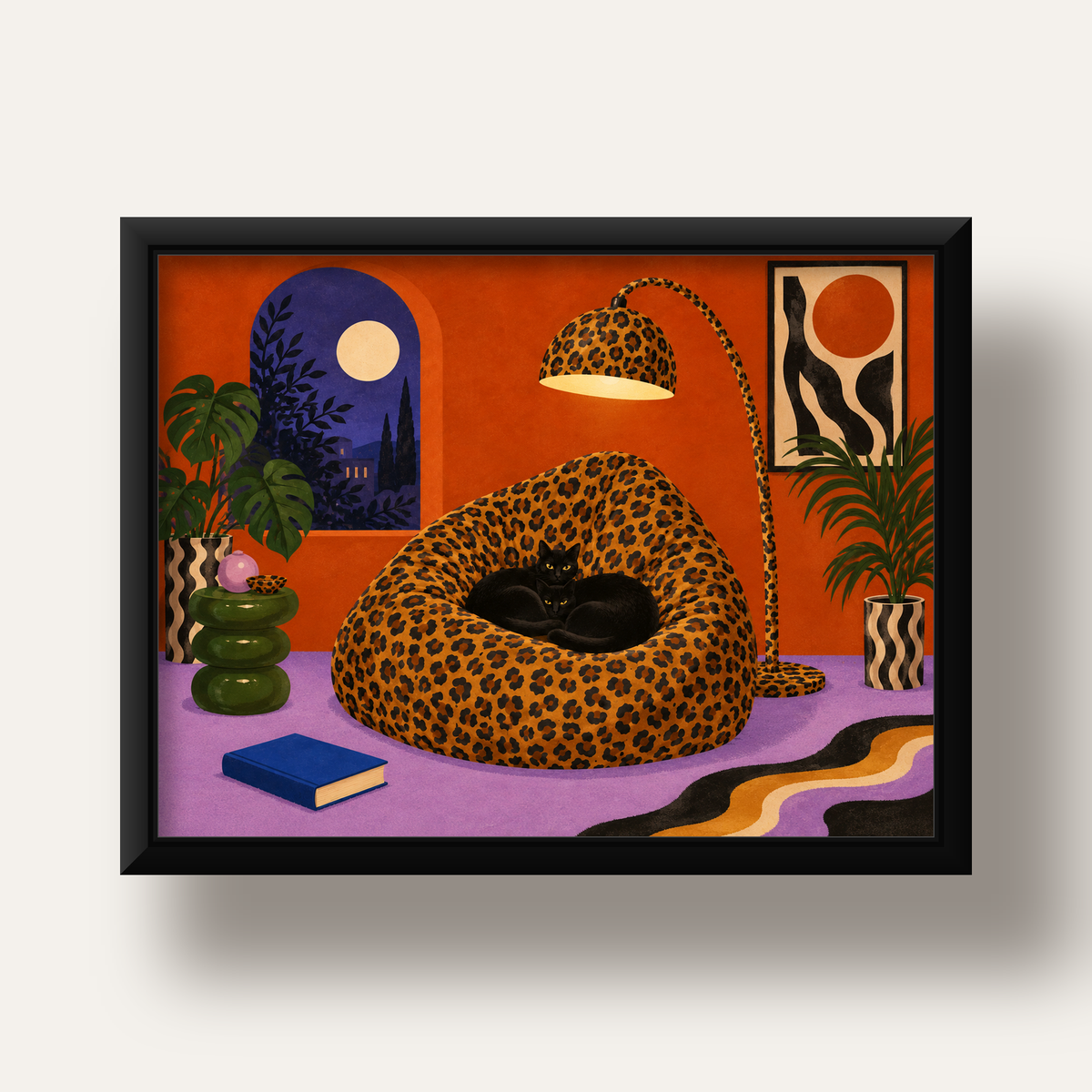 Leopar Desenli Koltukta Siyah Kediler Poster Modern Retro — siyah derin çerçeveli