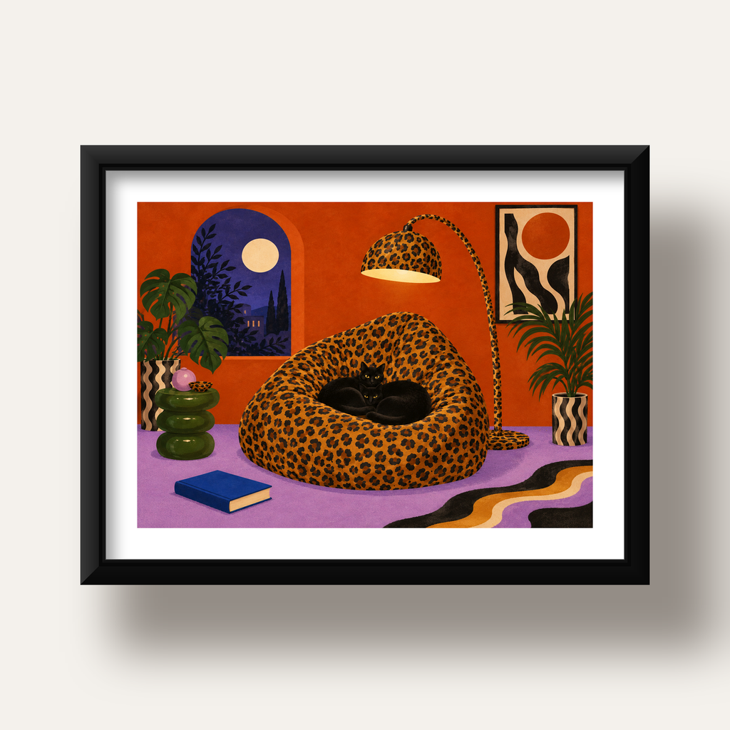 Leopar Desenli Koltukta Siyah Kediler Poster Modern Retro — siyah derin çerçeveli paspartulu