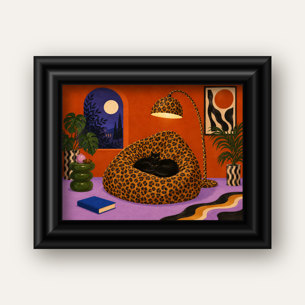 Leopar Desenli Koltukta Siyah Kediler Poster Modern Retro — siyah galeri çerçeveli