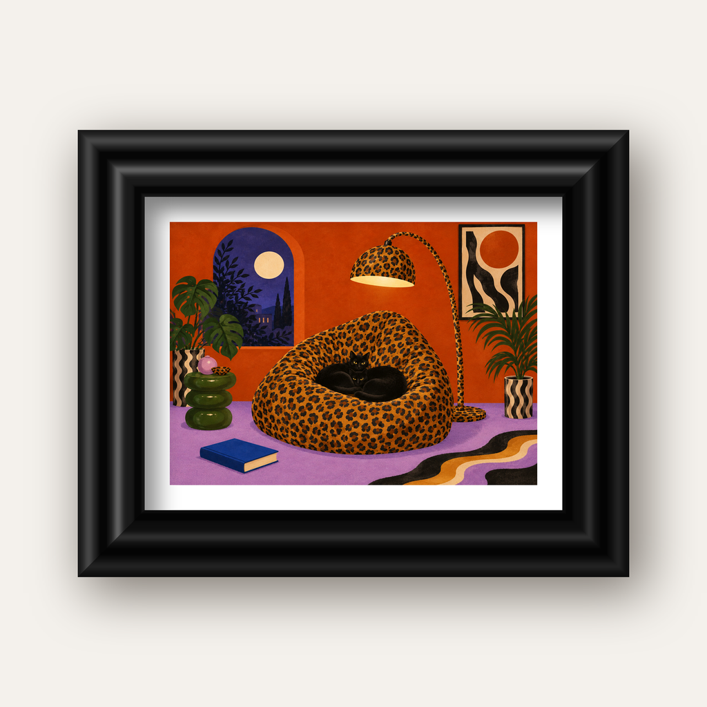 Leopar Desenli Koltukta Siyah Kediler Poster Modern Retro — siyah galeri çerçeveli paspartulu