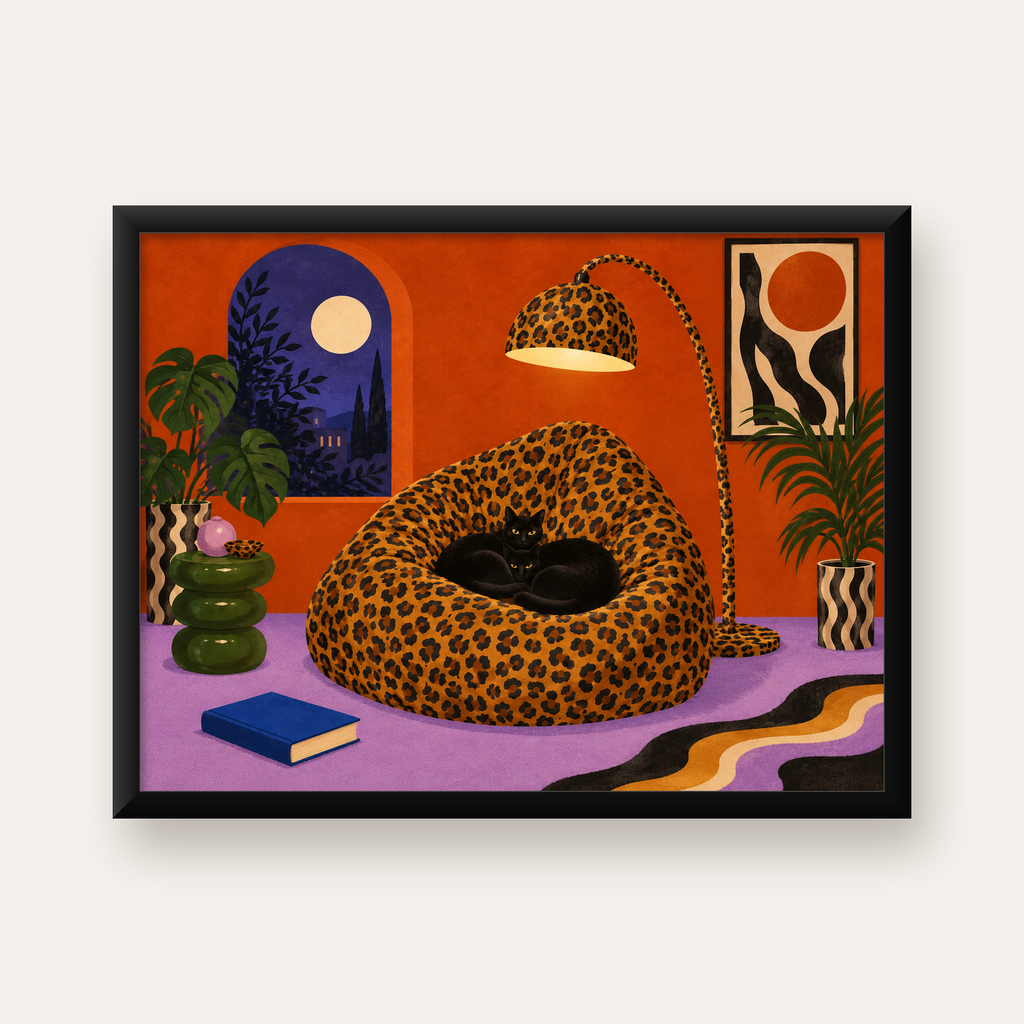 Leopar Desenli Koltukta Siyah Kediler Poster Modern Retro — Yatay baskı, düz siyah çerçeveli duvar posteri