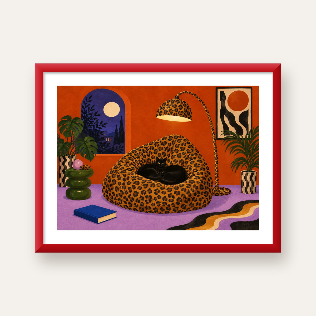 Leopar Desenli Koltukta Siyah Kediler Poster Modern Retro — kırmızı çerçeveli paspartulu