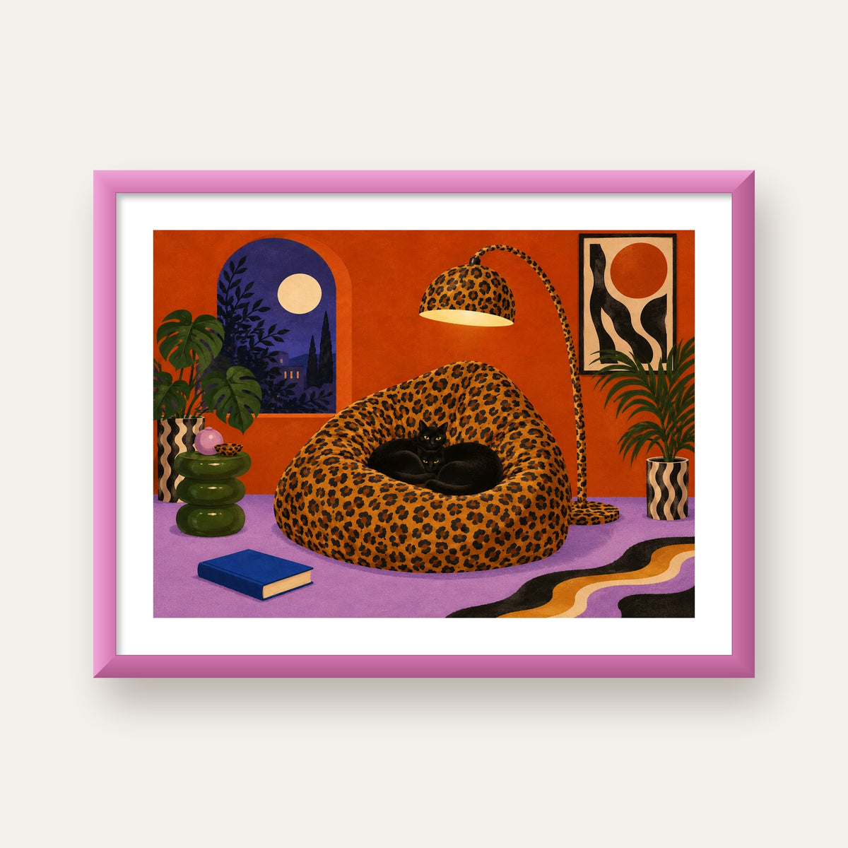 Leopar Desenli Koltukta Siyah Kediler Poster Modern Retro — pembe çerçeveli paspartulu