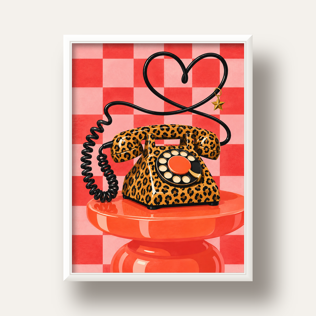 Leopar Retro Telefon — beyaz derin çerçeveli