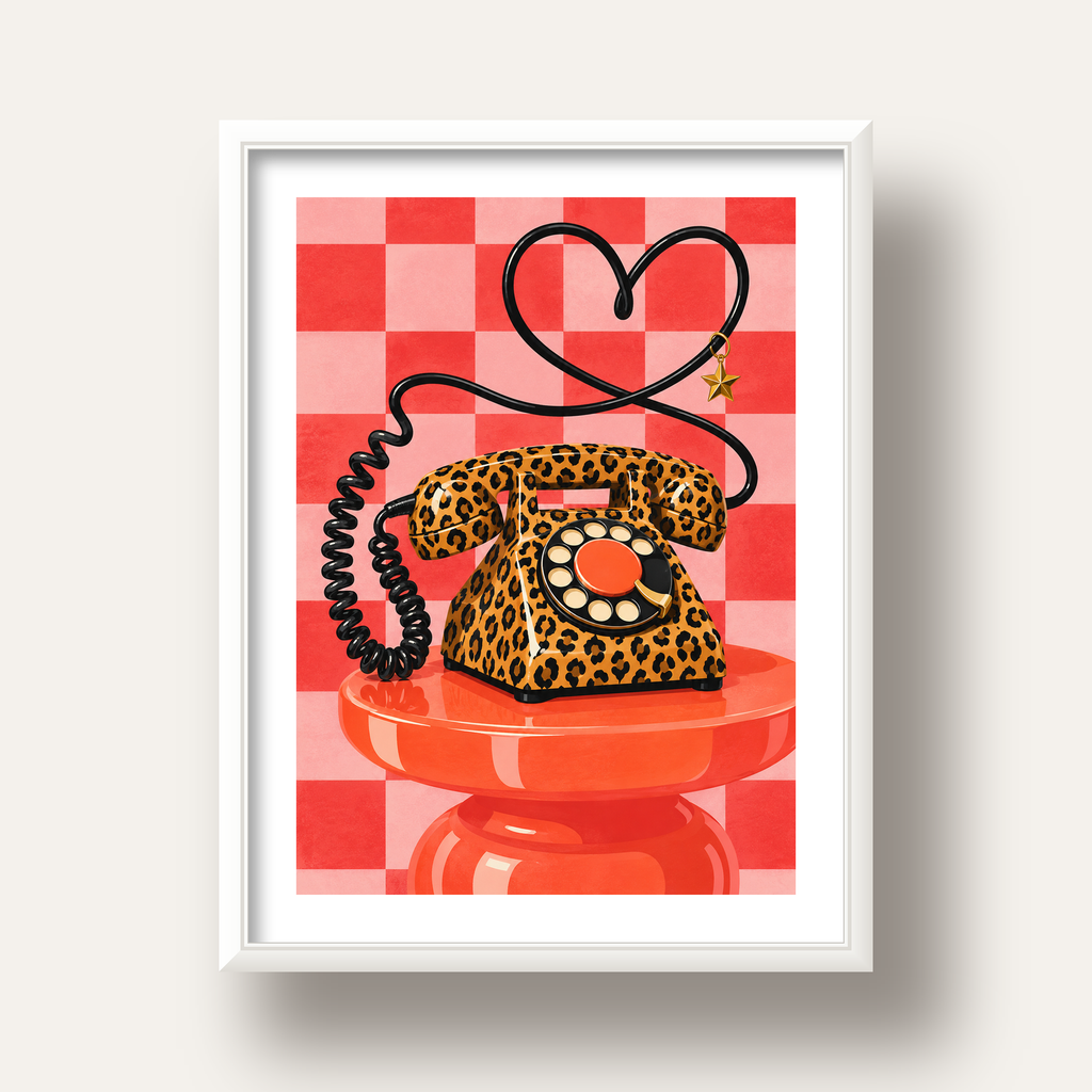 Leopar Retro Telefon — beyaz derin çerçeveli paspartulu