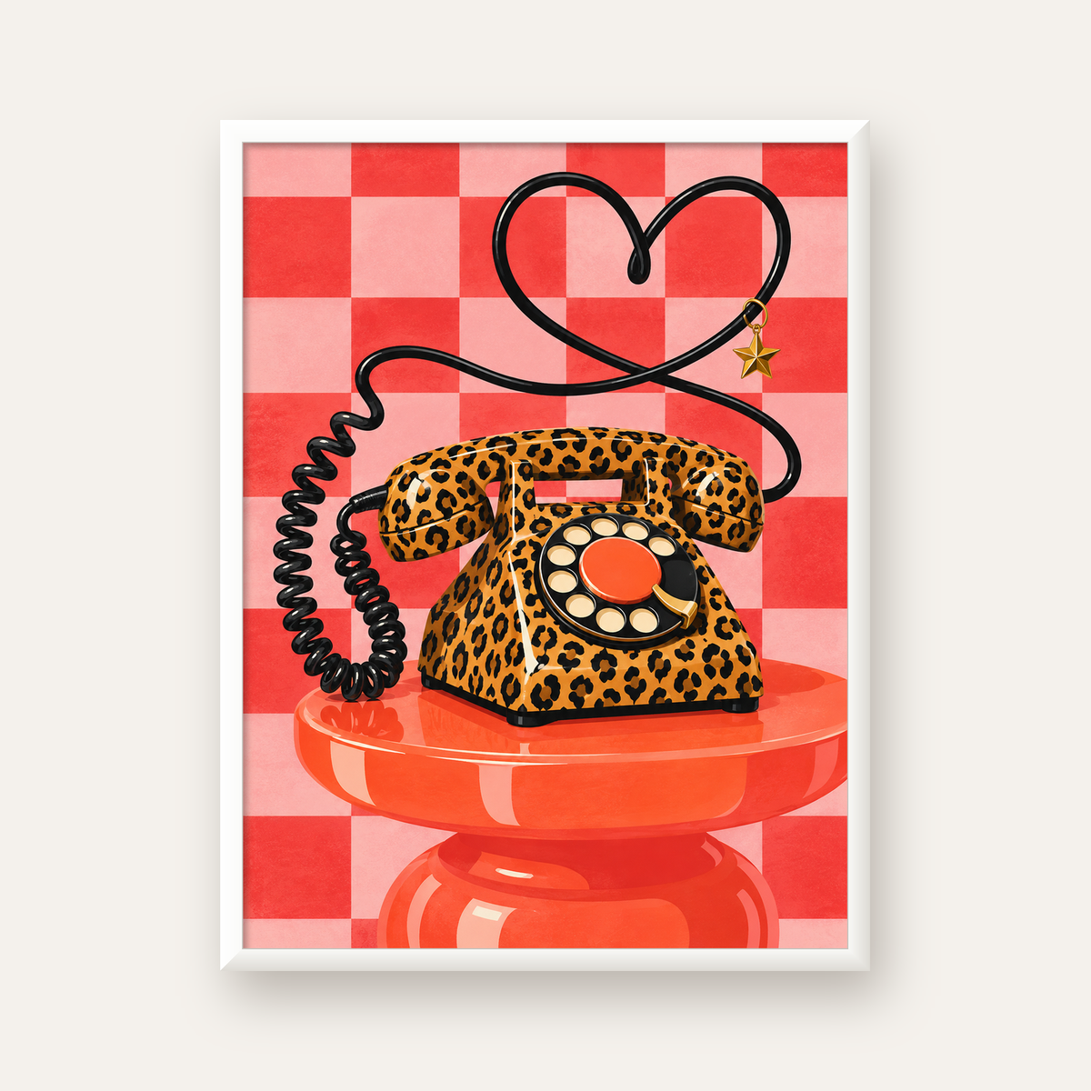 Leopar Retro Telefon — beyaz çerçeveli dikey poster