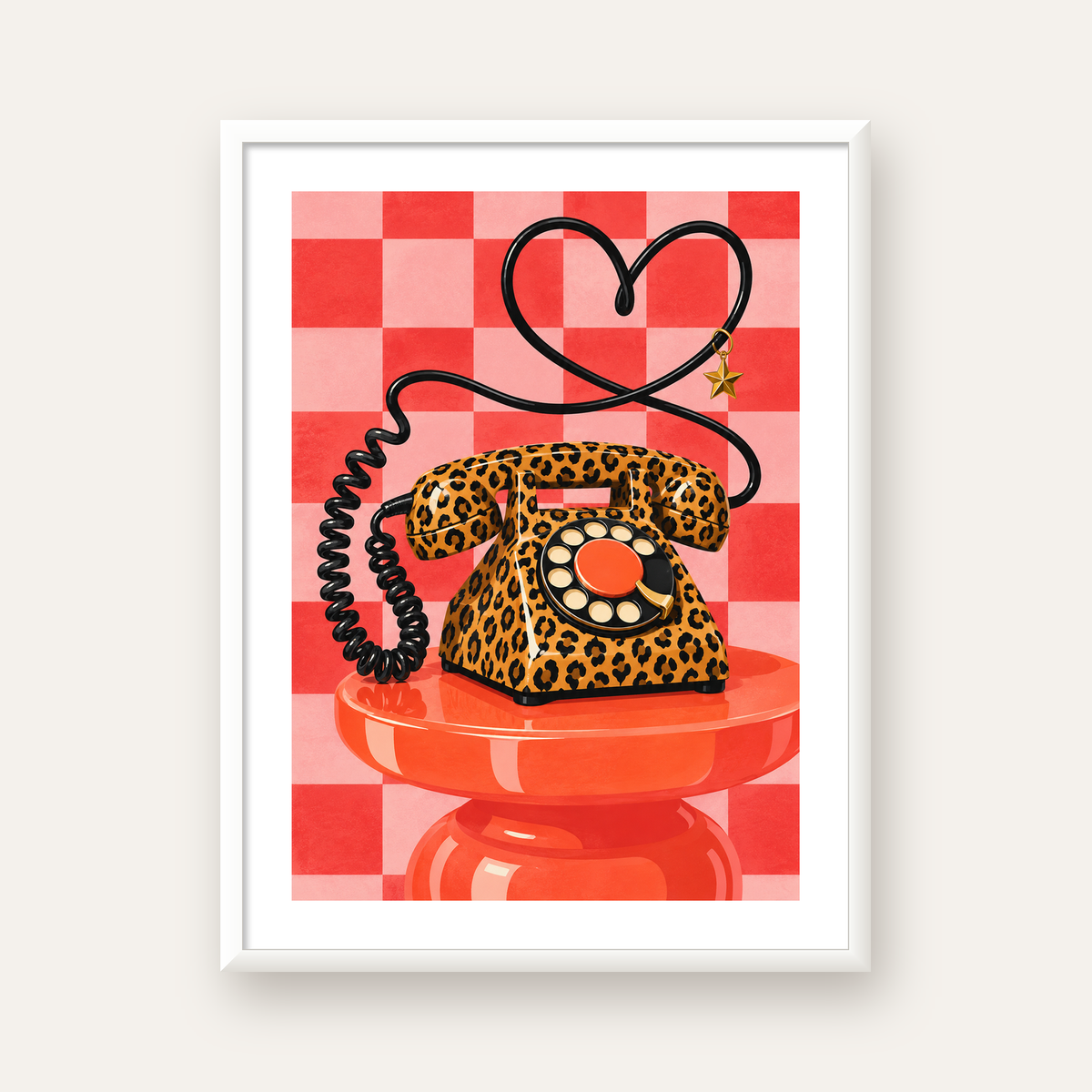 Leopar Retro Telefon — beyaz çerçeveli dikey poster