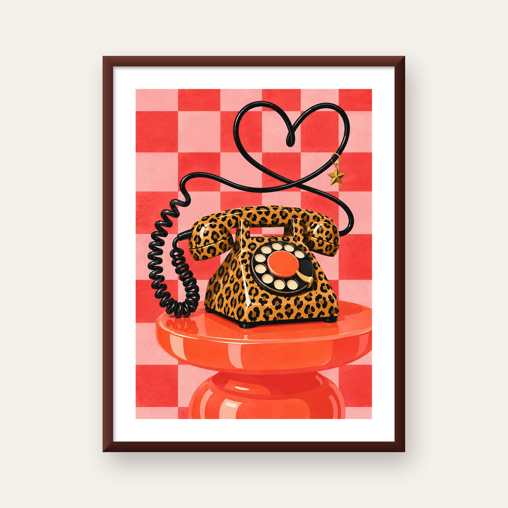 Leopar Retro Telefon — ceviz çerçeveli paspartulu