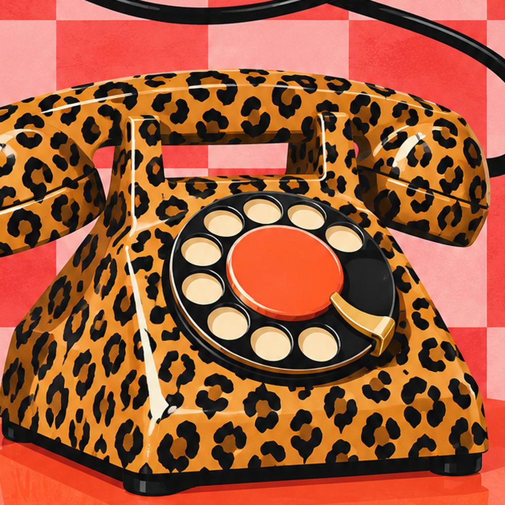 Leopar Desenli Retro Telefon Poster – Renkli Dijital İllüstrasyon — baskının yakın çekimi, kâğıt dokusu ve renk detayı