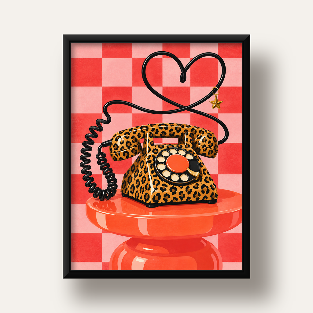 Leopar Retro Telefon — siyah derin çerçeveli