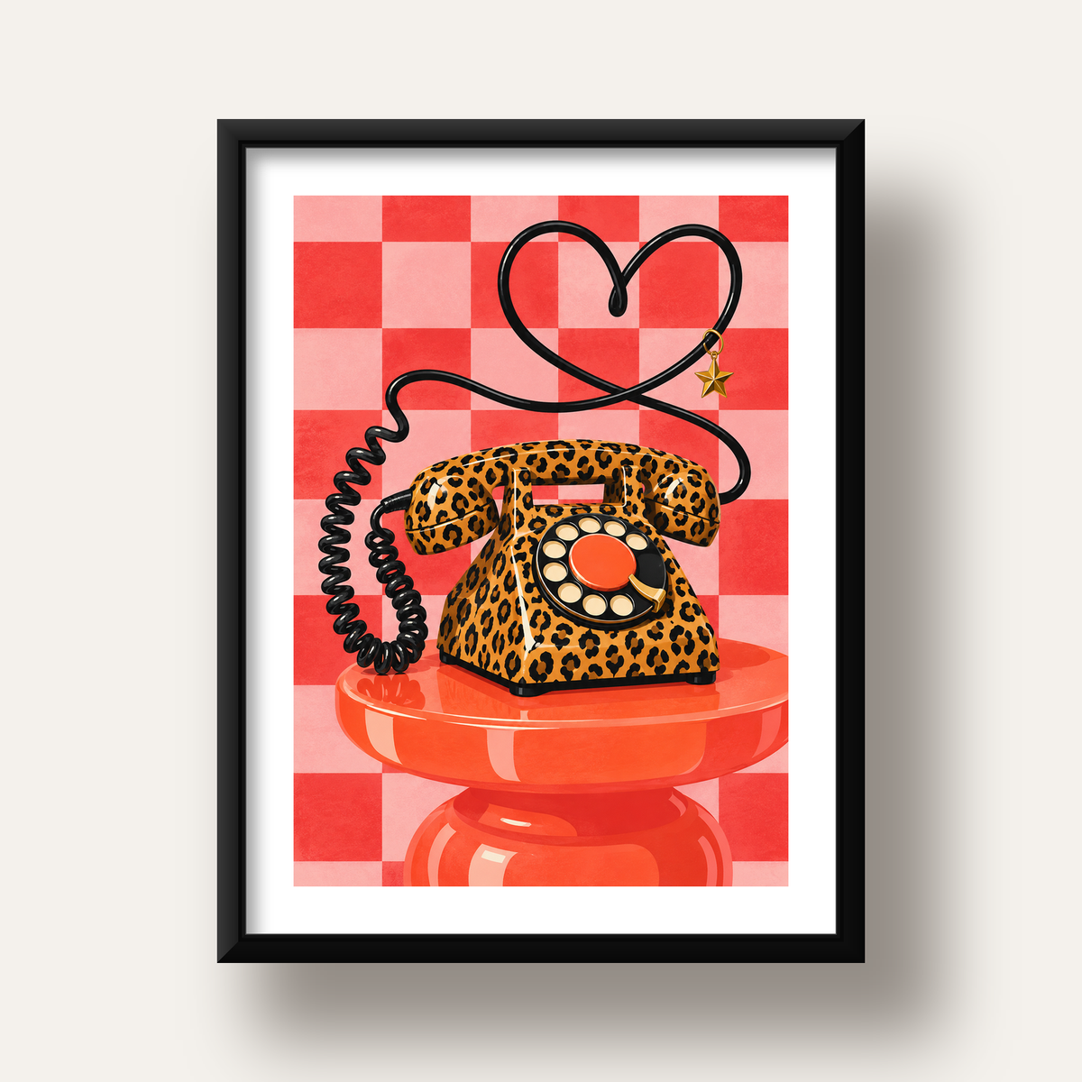 Leopar Retro Telefon — siyah derin çerçeveli paspartulu