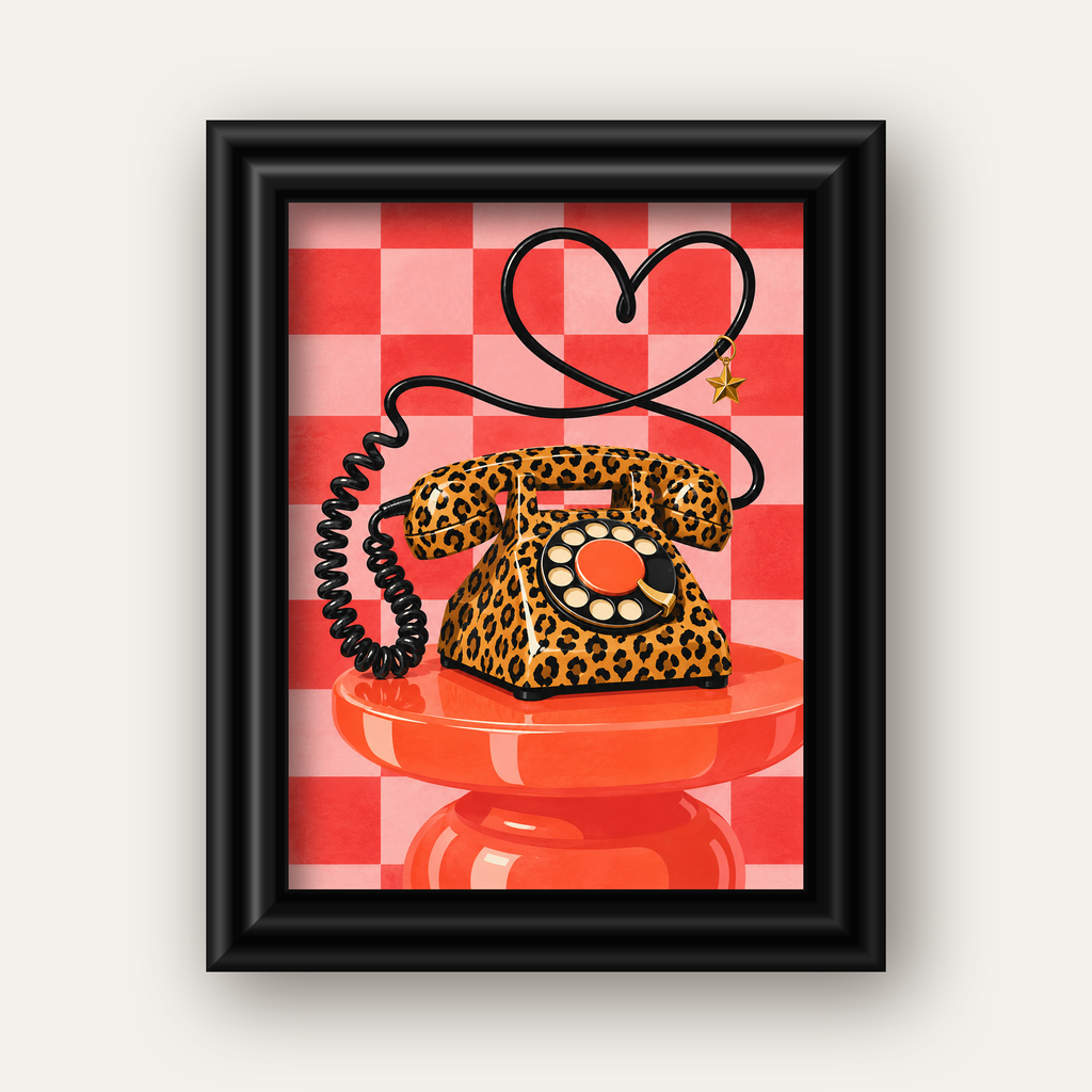 Leopar Retro Telefon — siyah galeri çerçeveli